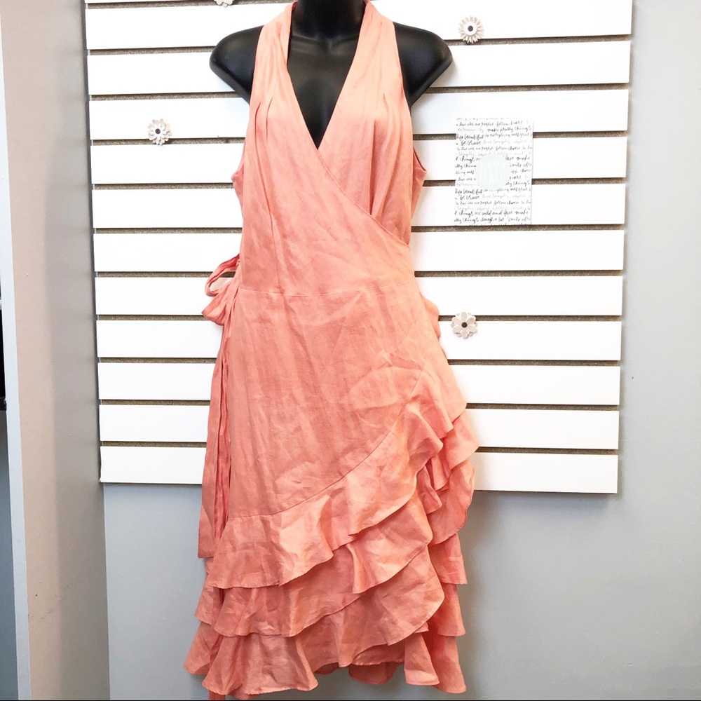 RALPH LAUREN Ruffle Asymmetrical Linen Wrap Dress